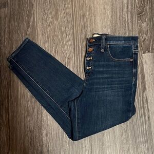 Madewell Skinny Blue Jeans with Bold Yellow Stripe